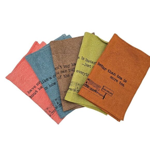 Set Of 5 Happy Valley Linen Tea Towels With Train & Tea Quotes In Assorted Color - Picture 1 of 8